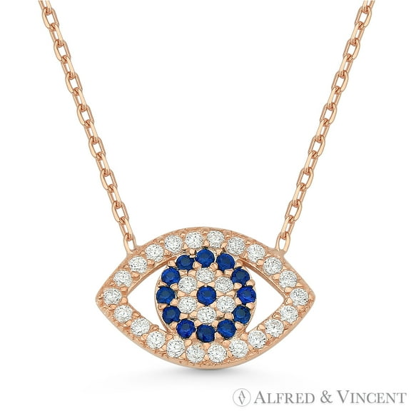 Evil Eye Charm Pendant w/ CZ Crystals & Chain Necklace in .925 Sterling Silver