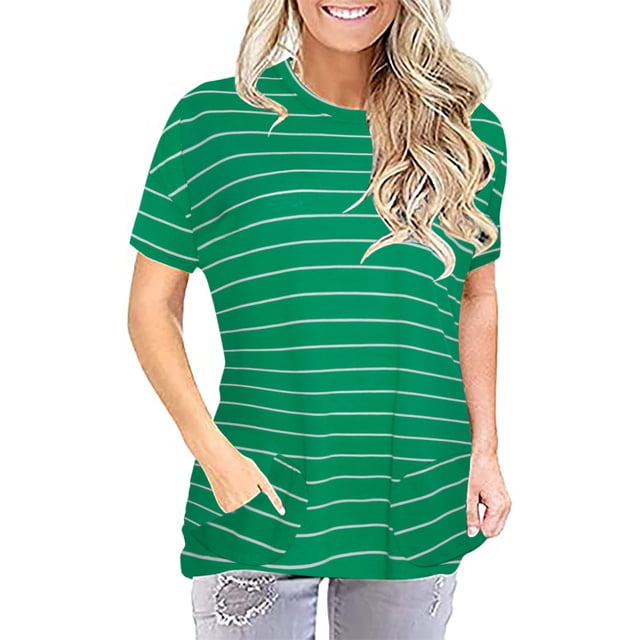 Pompotops Women's Blouse New Striped Pocket Round Neck Short Sleeve Tops