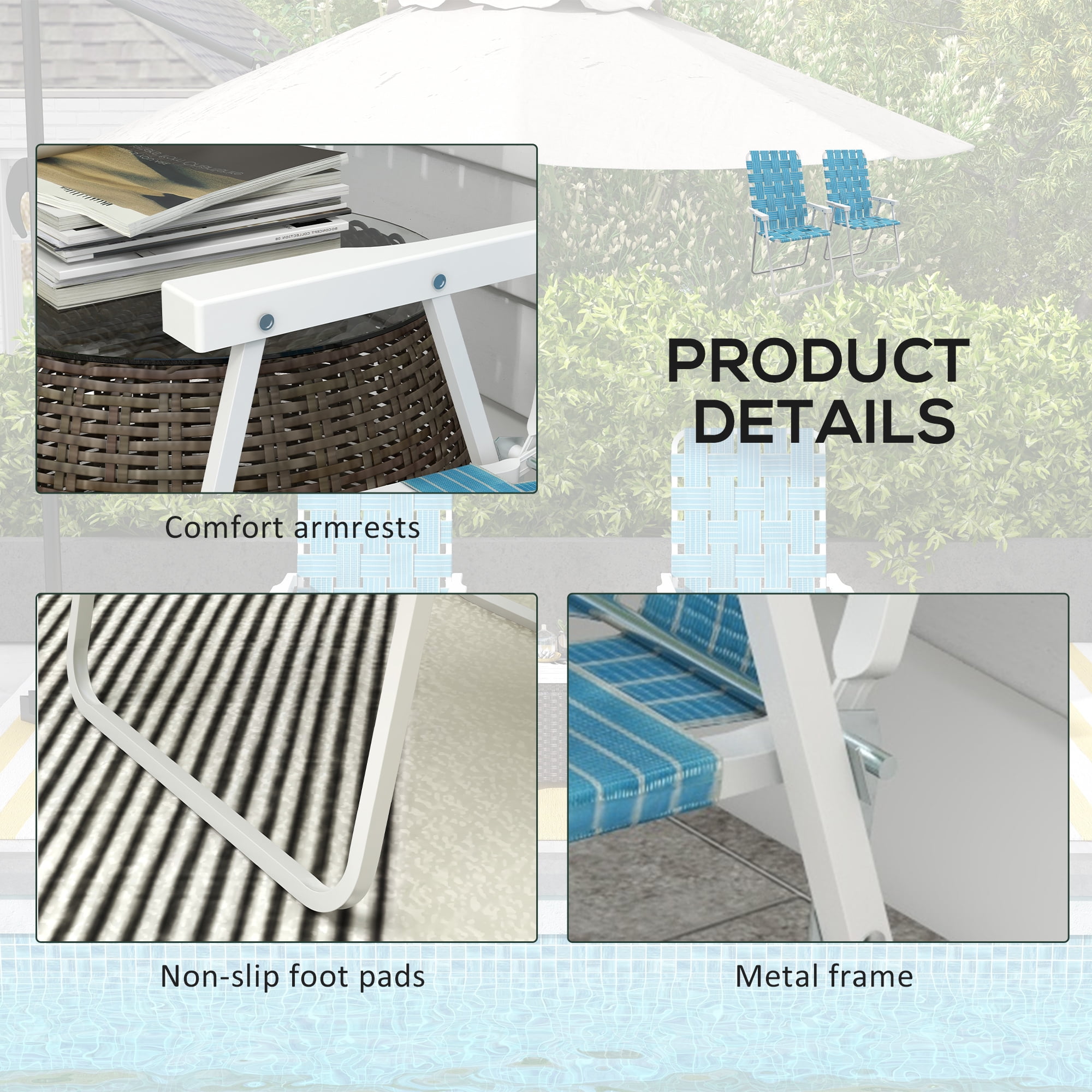 Set of 2 Patio Folding Chairs, Classic Outdoor Camping Chairs, Portable Lawn Chairs for Camping, Garden, Pool, Beach, Backyard w/ Armrests, Blue