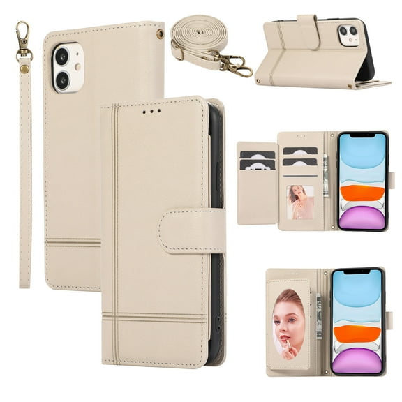 Allytechgroup Wallet Case for Apple iPhone 12/ iPhone 12 Pro with Crossbody Strap Hand Wrist, Makeup Mirror Cards Slots Cash Pocket RFID Blocking Flip Stand Slim Case Cover for Girls Women, Beige