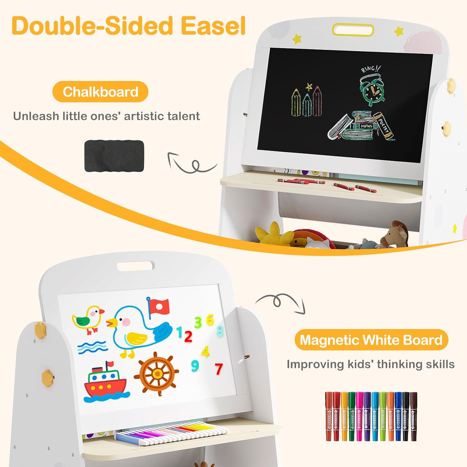 OLAKIDS Easel for Kids with Stool, 4-in-1 Double-Sided Adjustable Magnetic Chalkboard with Paper Roll, Bookshelves, Wheels, Wooden Standing Painting Drawing Art Board for Boys Girls