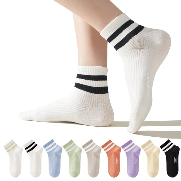 LDU Women's Ankle Socks with White Stripes, Breathable Cotton Lycra Sports Socks with Moisture Wicking, 6 Pairs
