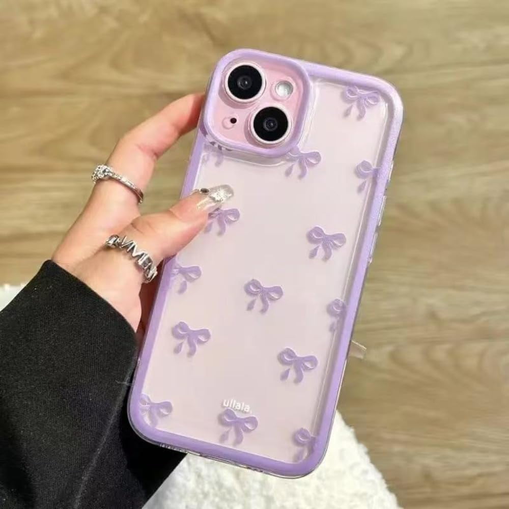 Cute Bow Pattern Clear Phone Case Compatible with iPhone Case (Purple Bow, for iPhone 14)