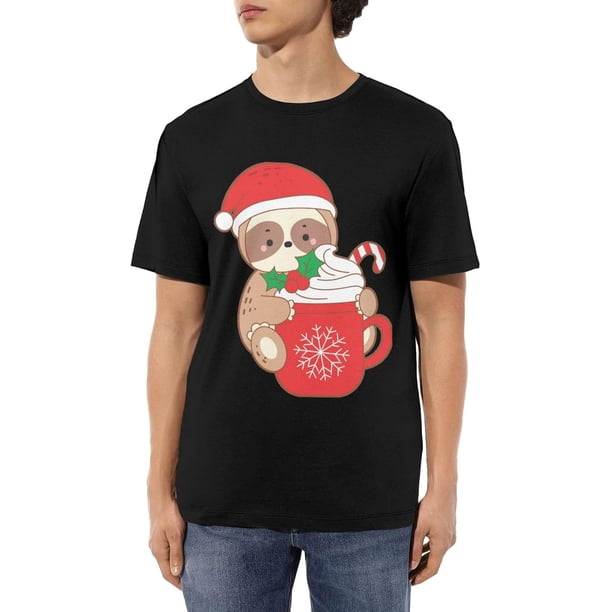 A Santa Sloth Hugging A Hot Chocolate Men's Cotton T-Shirts Casual Basic Crew Neck Tshirts Short Sleeve Tee Shirts,