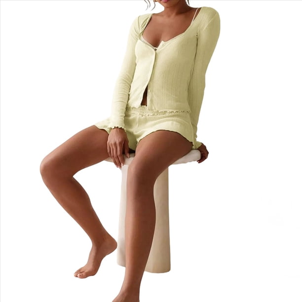 Conjunto de Pijama para Mujer, de Larga, con Botones, Top y Pantalones Cortos con Volantes, Conjunto de 2 Piezas para Estar en Casa, Ropa de Dormir Y2k. Amarillo S