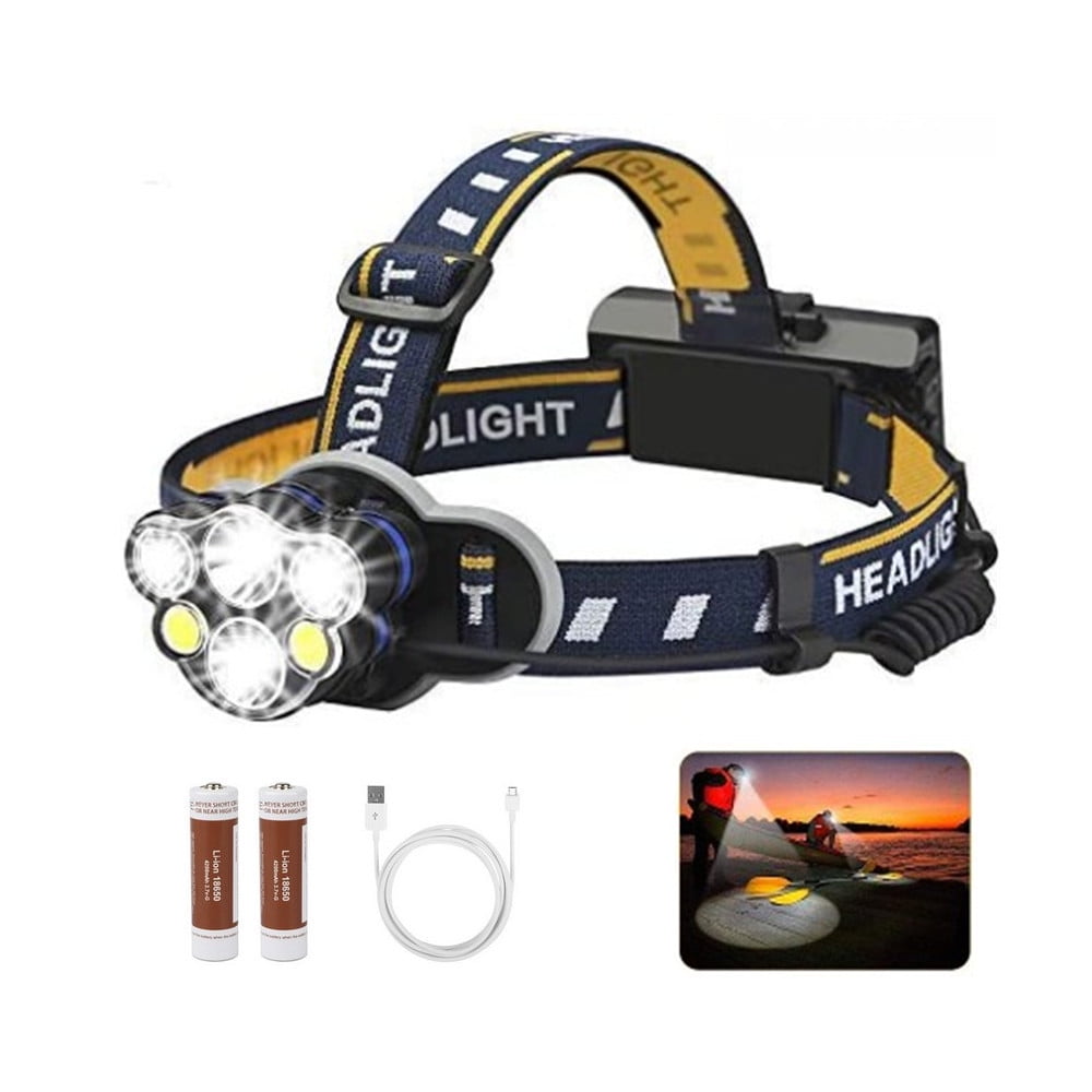 2 Pack Rechargeable LED Headlamp Flashlight, 6 LED Headlight Flashlight 8  Modes with USB Cable 2 Batteries, Waterproof LED Head Torch Head Lamp with  