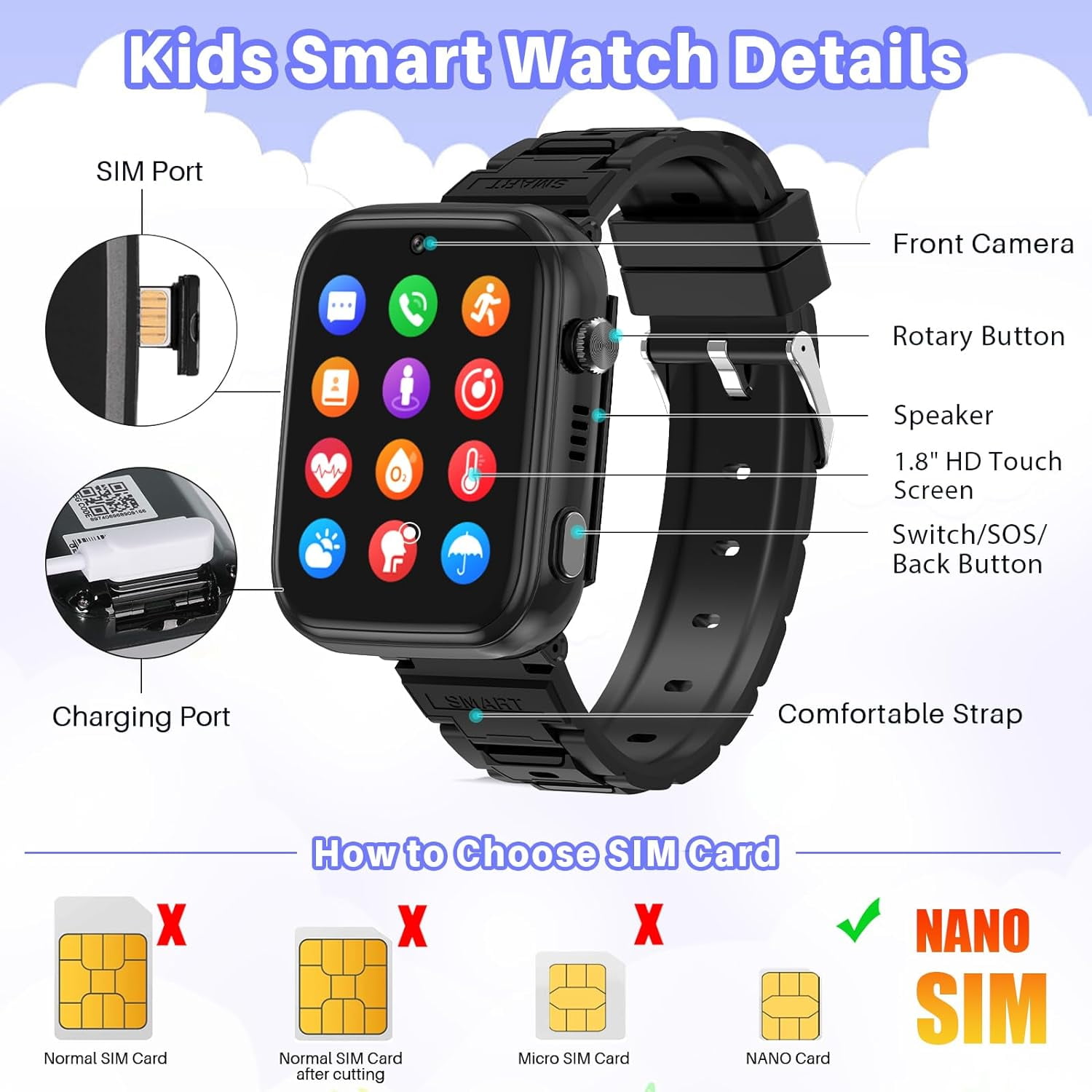 SHANNA 4G Kids Smartwatch (GPS) 1.83 inch Black Case with Sports Band