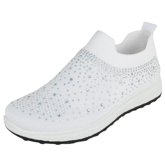 La Sheelah Flat Women Slip-On Sneakers Comfortable Sport Walking Running Shoes Rhinestone Bling Studs Elastic Breathable Knit Anti-Slip Resistant LABOR-8 White 10