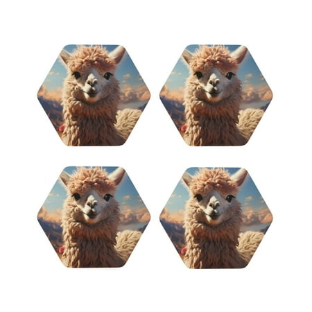 

Fuzoiu Fluffy Alpaca Mountain Meadow Print Leather Coasters Set Drink Coasters Set of 4 for Tabletop Protection Durable PVC Coasters Home Décor and Housewarming Gift-Hexagon