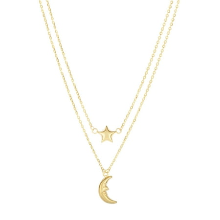 - 14K Yellow Gold 12-1.2mm Shiny Quarter Puff M oon+5 Point Puff Star On Fancy Oval Link Single In to Double Graduated Strand Necklace-Lobster Clasp