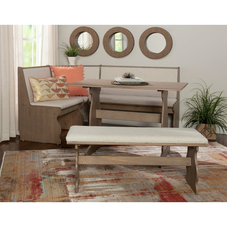 Linon Weston Corner Dining Breakfast Nook with Table and Bench Seats 5 6 Natural Finish with White Fabric