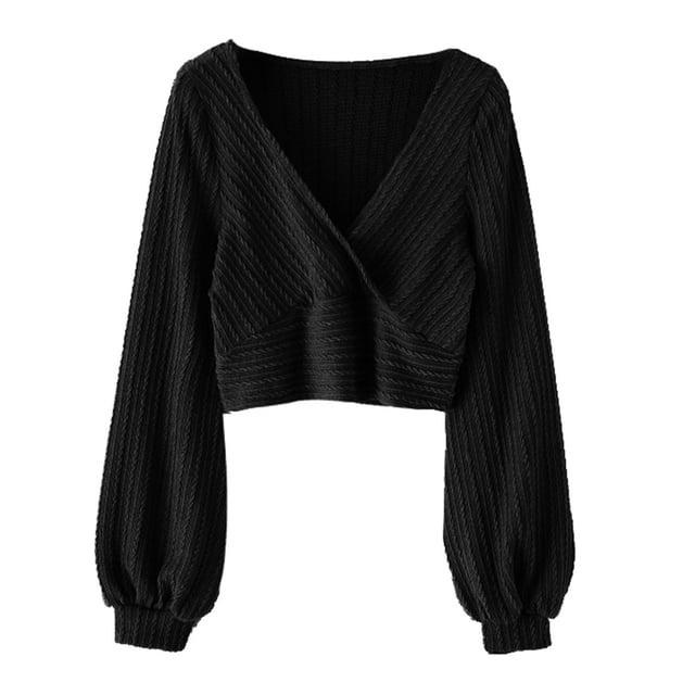 Crop Tops for Women V Neck Lantern Long Sleeve Knitted Solid Cropped Pullover Sweatshirt Fall Tops