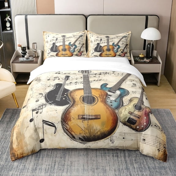 Vintage Guitar Duvet Cover Twin Teens,Vintage Country Music 2 Pieces Duvet Cover,Farmhouse Music Score Comforter Cover (Not Comforter),Rock Guitar Music Quilt Cover