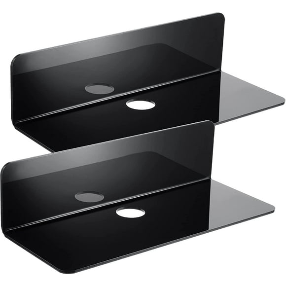 Acrylic Floating Shelf 9 Inch Acrylic Display Storage Shelf Wall Mounted Display Shelf Hanging Ledge Display Shelf Small Wall Shelves with Cable Clip and Adhesive Tape for Bedroom, Living Room (Black)