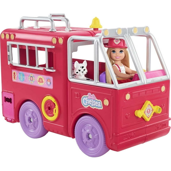 Barbie Chelsea Fire Truck Playset, Chelsea Doll (6 inch), Fold Out Firetruck, 15+ Storytelling Accessories,Stickers 3 & Up