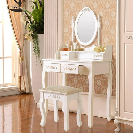 Ktaxon Elegance White Dressing Table Vanity Table and Stool Set Wood Makeup Desk with 4 Drawers & (Best Dressing Tables With Mirror)