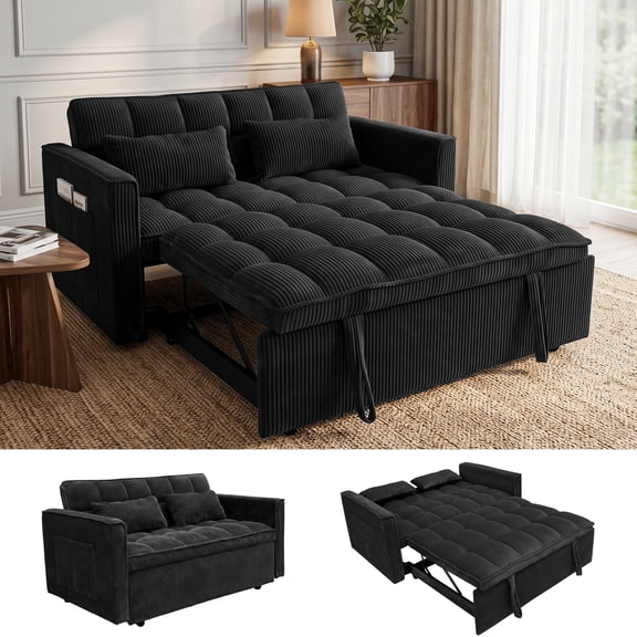 Anpport 54" 3‑in‑1 Convertible Sleeper Sofa Bed, Corduroy Pull‑Out Couch with Adjustable Backrest, Side Pockets & 2 Pillows for Small Spaces, Black