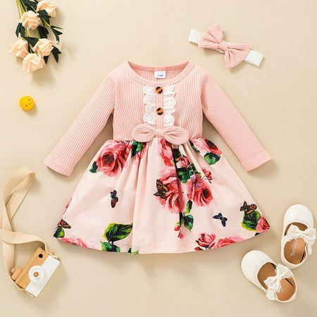 

THE WILD Girls Dresses Fashion Splicing Bowknot Floral Print O-Neck Long Sleeve Midi Prom Dress Pink