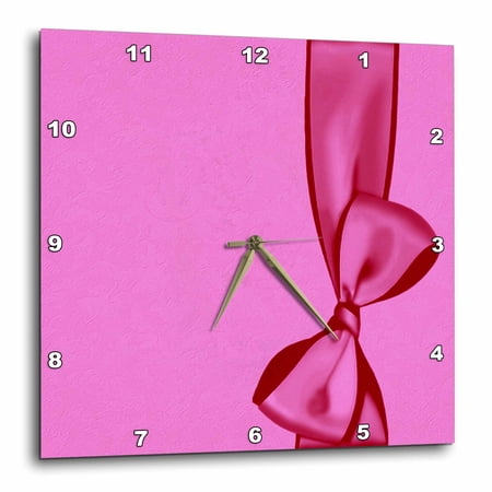 3drose, Bright Pink Faux Satin Bow on Pink Grunge Damask Background, 10x10 Wall Clock