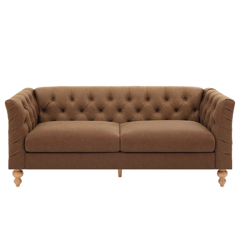 Chesterfield PU Leather 3-Seater Sofa, Upholstered Couch with Flared Arms, Tufted Back & Solid Rubber Wood Legs