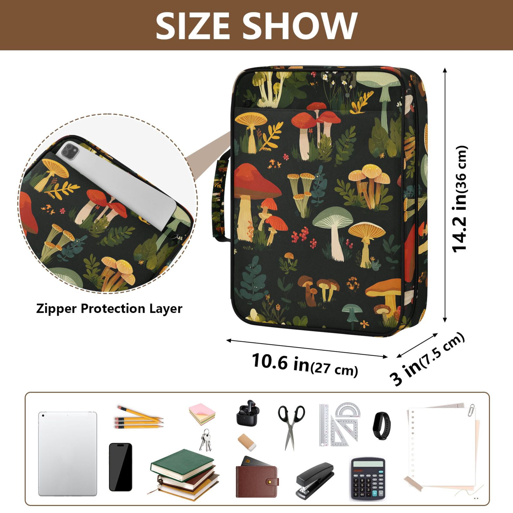 FORMRS Accordion File Folder A4 Size 7-Pocket Expanding Document Organizer Bag with 3 Ring Binder, Various Mushrooms Pattern