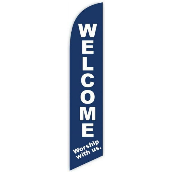 Cobb Promo Welcome Worship with Us Dark Blue Church Feather Swooper Flag Banner 12ft - Replacement Flag Only Without Poleset