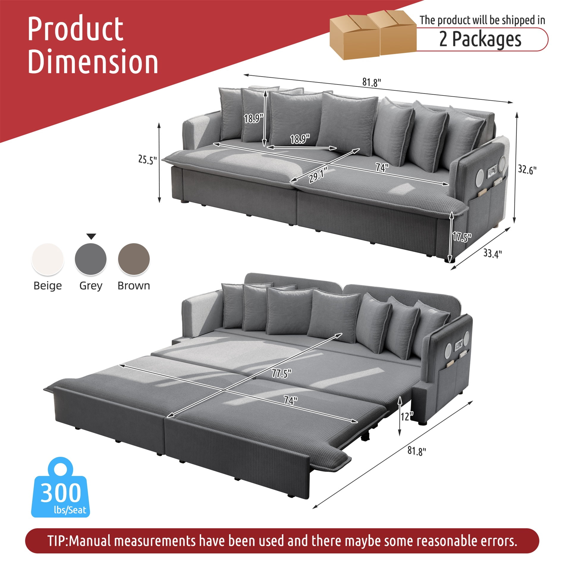 Alvantor 3 in 1 Convertible Sleeper Sofa Bed, 82" W Pull Out Sofa Bed with Bluetooth Speakers, USB Ports for living room, Apartment, Grey