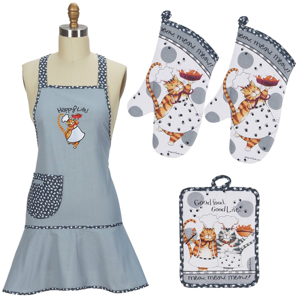 Kay Dee Designs Happy Cat Apron, Pot holder and 2 Oven mitts, 4 piece