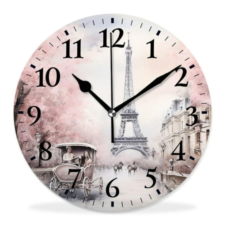 14 Inch Wall Clock Battery Operated Silent Clock Decorative for Office, Kitchen, Outdoor, Living Room,Paris Eiffel Tower France Oil Painting Artwork Art