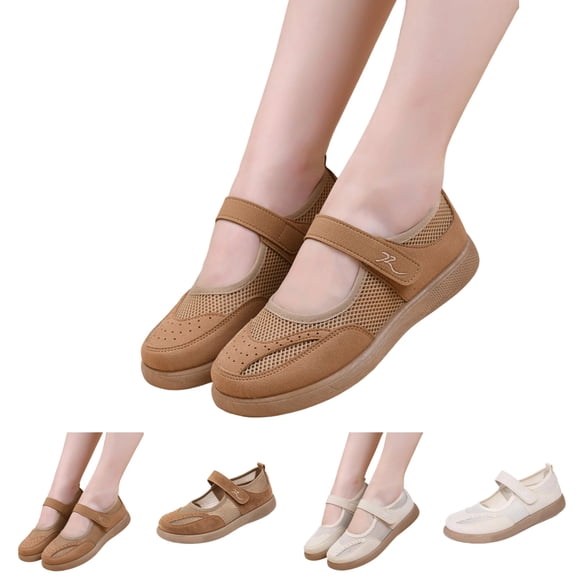 IEMIEMIEM Women's Mesh Mary Jane Comfortable Breathable Walking Shoes Adjustable Hook and Loop Lightweight Nurse Work Flats Daily Non-Slip Mom Casual Shoes Coffee 8.5 Wide