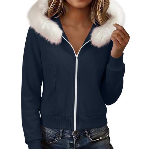 QIYAGBSA Hoodies for Women Zip Up Collar Hooded Sweatshirt with Pockets Ribbed Cuffs Casual Winter Outwear (Navy, 2XL)