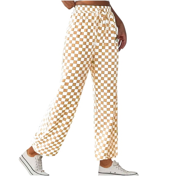 Puntoco Pants for women Women's able Checkered Straight Leg Casual Pants with Wide Legs Khaki 10(XL)