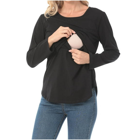 TMOYZQ Womens Oversized Maternity Nursing Tops Casual Long Sleeve Double Layer Breastfeeding Shirts Fashion Curved Hem Crewneck Pregnancy Clothes