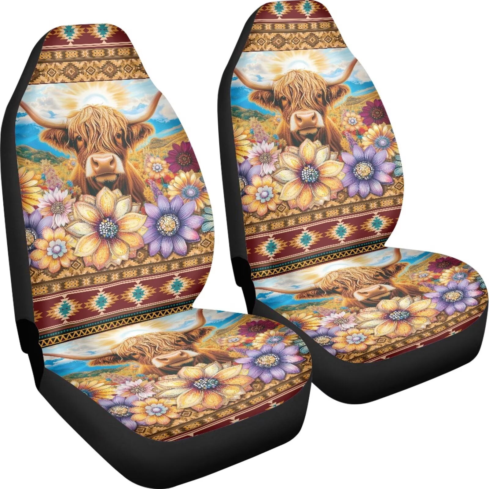 Binienty Highland Cow Car Seat Covers Set of 2 Aztec Floral Vehicle Front Seat Cushions Automobile Seats Protector Pad Mat Auto Interior Accessories for Women Girly Highland Cow Lovers