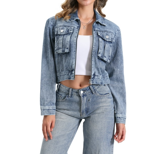 Chaqueta de mezclilla casual para mujer INSPIRE CHIC con cremallera, mangas largas, bolsillos y corte corto, talla XS, azul lavado