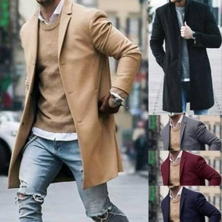 Fashion Mens Trench Coat Warm Thicken Jacket Woolen Peacoat Long Overcoat (Best Mens Pea Coats 2019)
