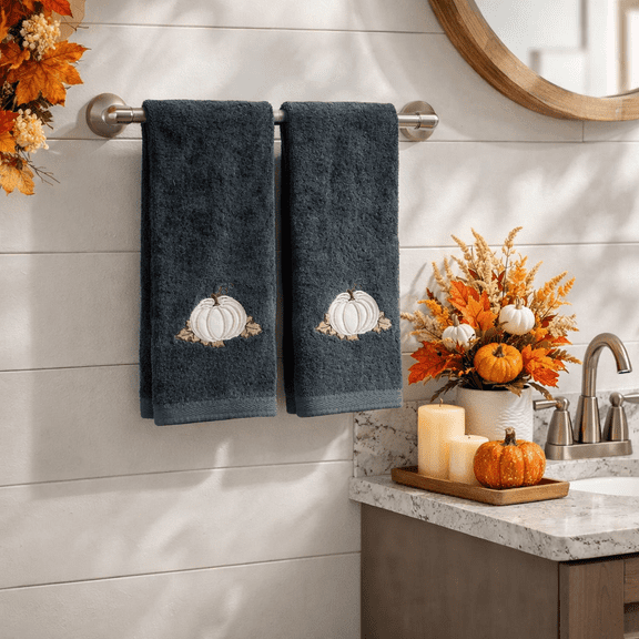 Serafina Home Autumn Fall Bath Hand Towels Bathroom Decor Farmhouse Harvest: Plush Soft Gray Grey 100% Cotton Terry Velour Appliqué and Embroidered Pumpkin Leaf Design 2 Piece Set