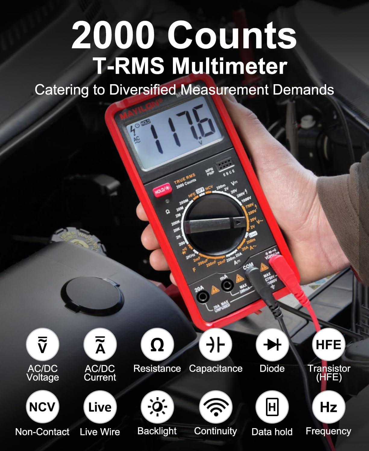 8906 Multimeter Tester Digital Multimeter, 750-1000 Measurements of DC/AC Voltage, DC/AC Current, Resistance, Continuity, Diode, Frequency, Transistor Live Line Detection