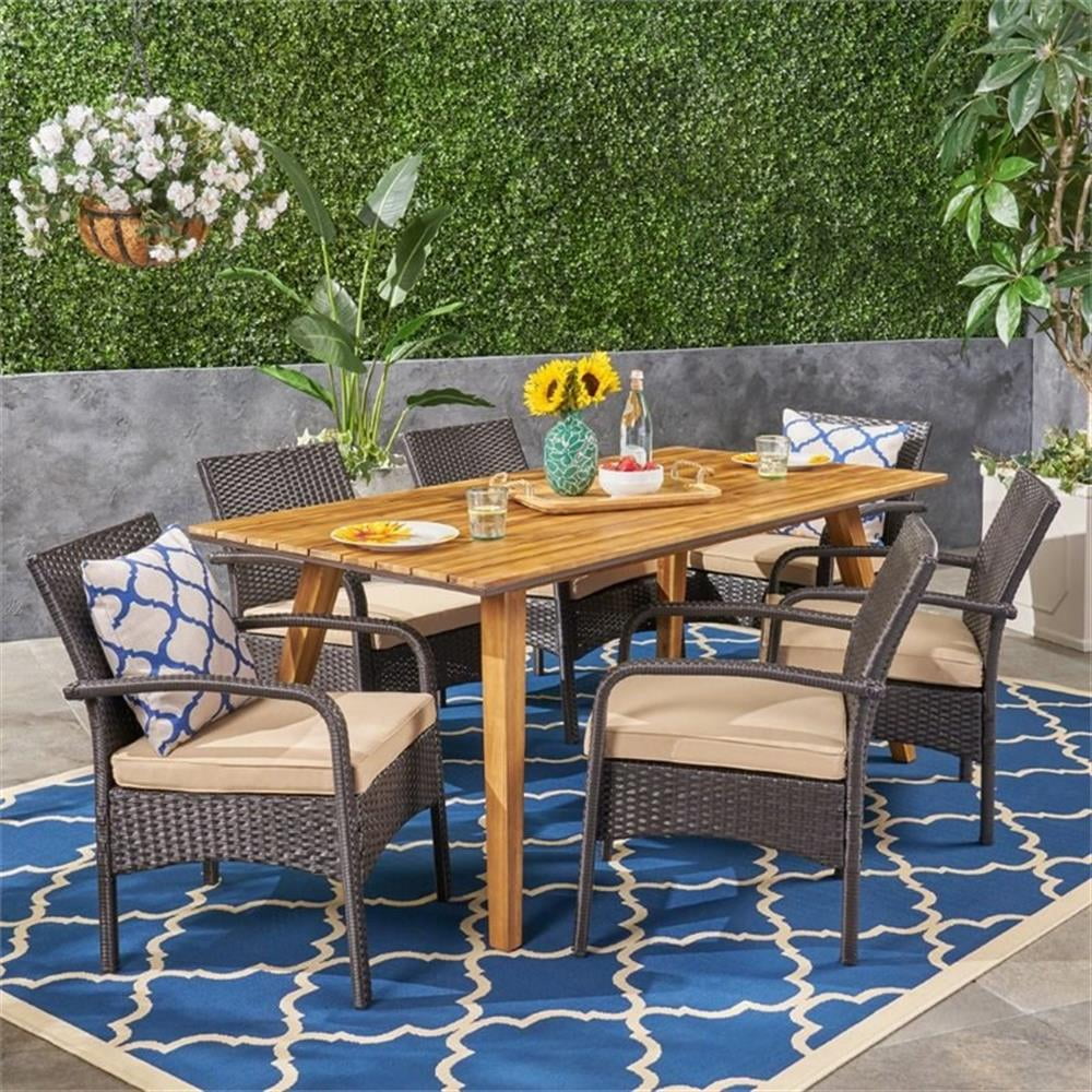 Gideon Outdoor 7 Piece Industrial Acacia Wood and Wicker Square Dining Set with Cushions, Brown, Teak, Tan