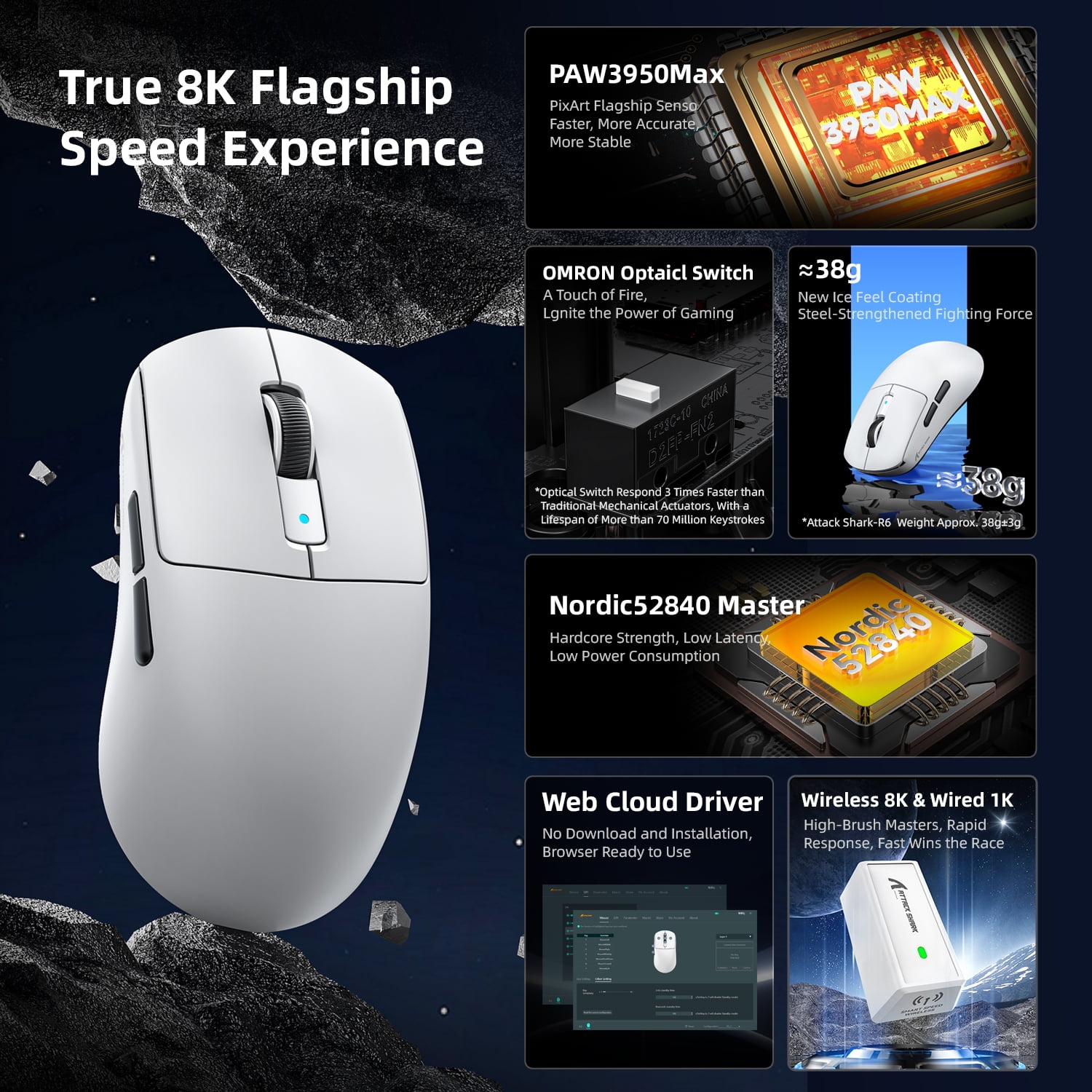 ATTACK SHARK R6 Ultralight 39g Wireless 8K PAW3950MAX Gaming Mouse, Nordic 52840 Chip, DPI up to 42000, 8000Hz Polling Rate, Ice-feeling Coating