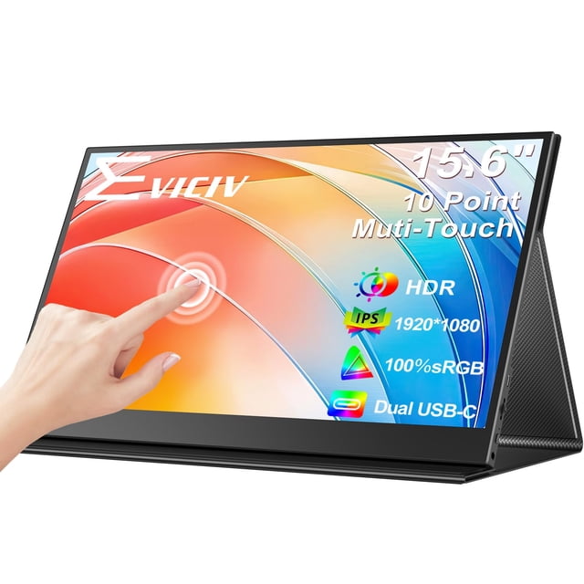 EVICIV Monitor portátil con pantalla táctil 15.6 FHD 1080P IPS Monitor de pantalla táctil de 10 puntos con cubierta de soporte y parlantes, HDMI USB C Eye-Care Monitor externo de viaje para computador