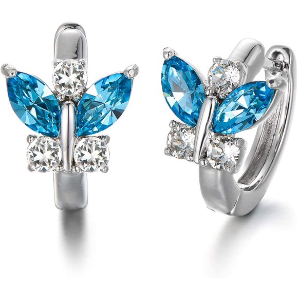 PEIMKO Christmas Gift Sterling Silver Butterfly Earrings, Simulated Aquamarine Crystal from Austria, Hypoallergenic Hoop Earrings, Anniversary Birthday Butterfly Jewelry Gifts for Women