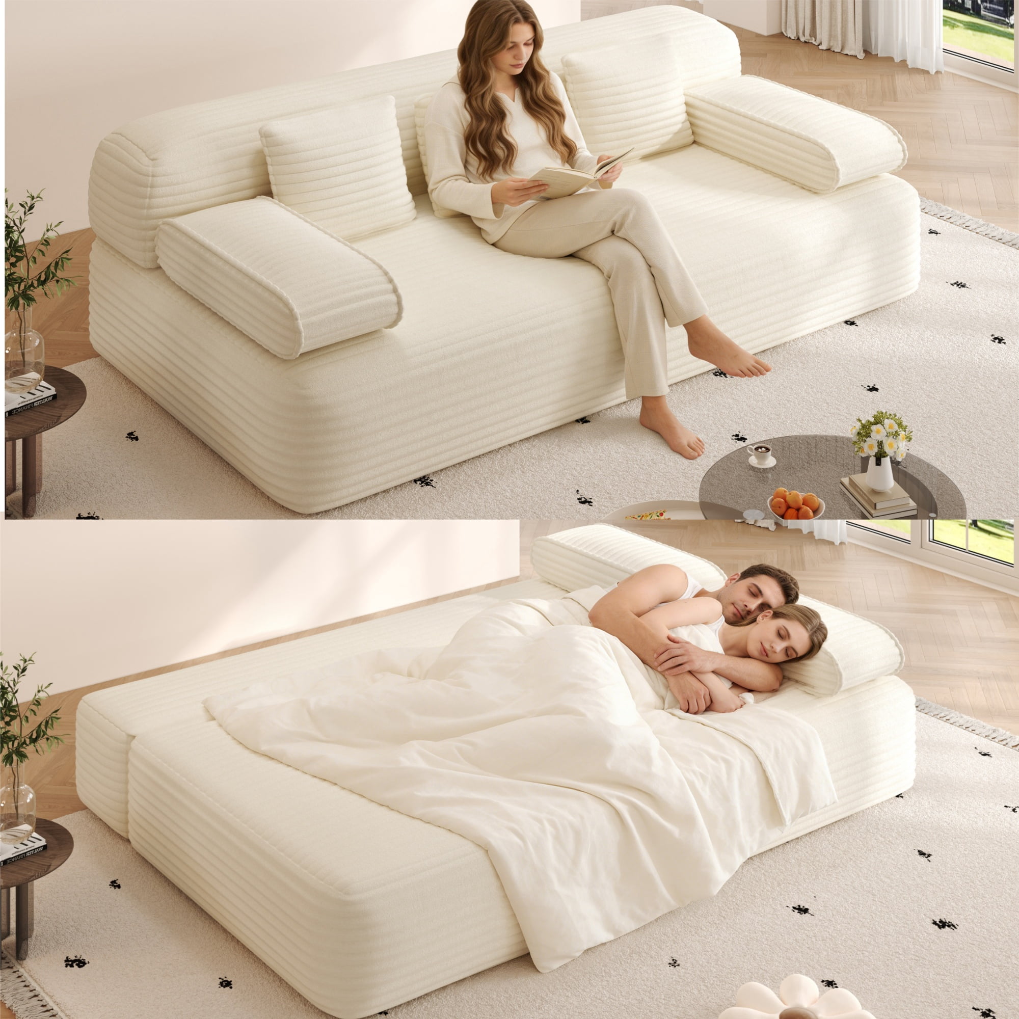 Leumius 78.7" Convertible Sofa Bed with 3 Pillows,Folding Boneless Couches with Deep Seats and Armrest,Plush Corduroy Fabric Futon Sofa Bed for Small Spaces, Apartments and Bedrooms,Beige