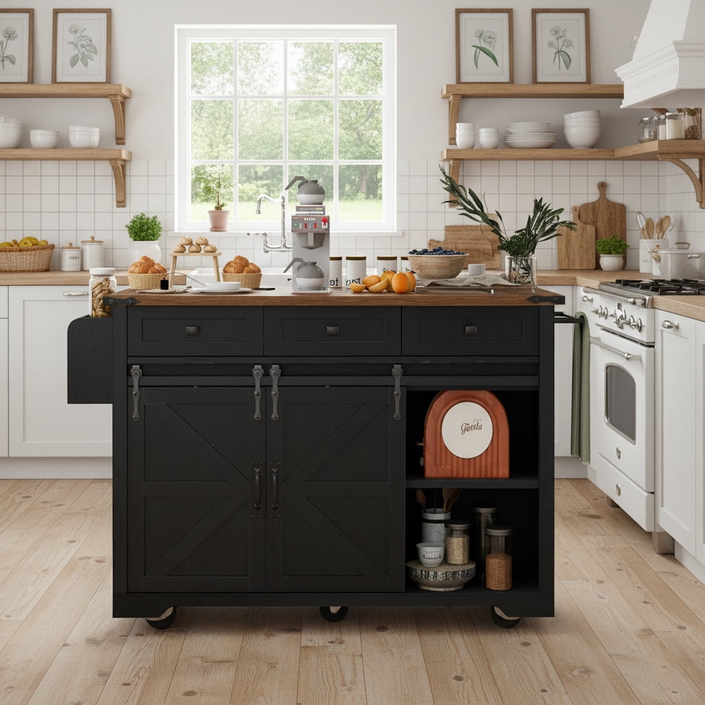 Homy Casa Farmhouse 53.7" Rolling Kitchen Island Cart with Drop Leaf, Power Outlet, Black/Walnut