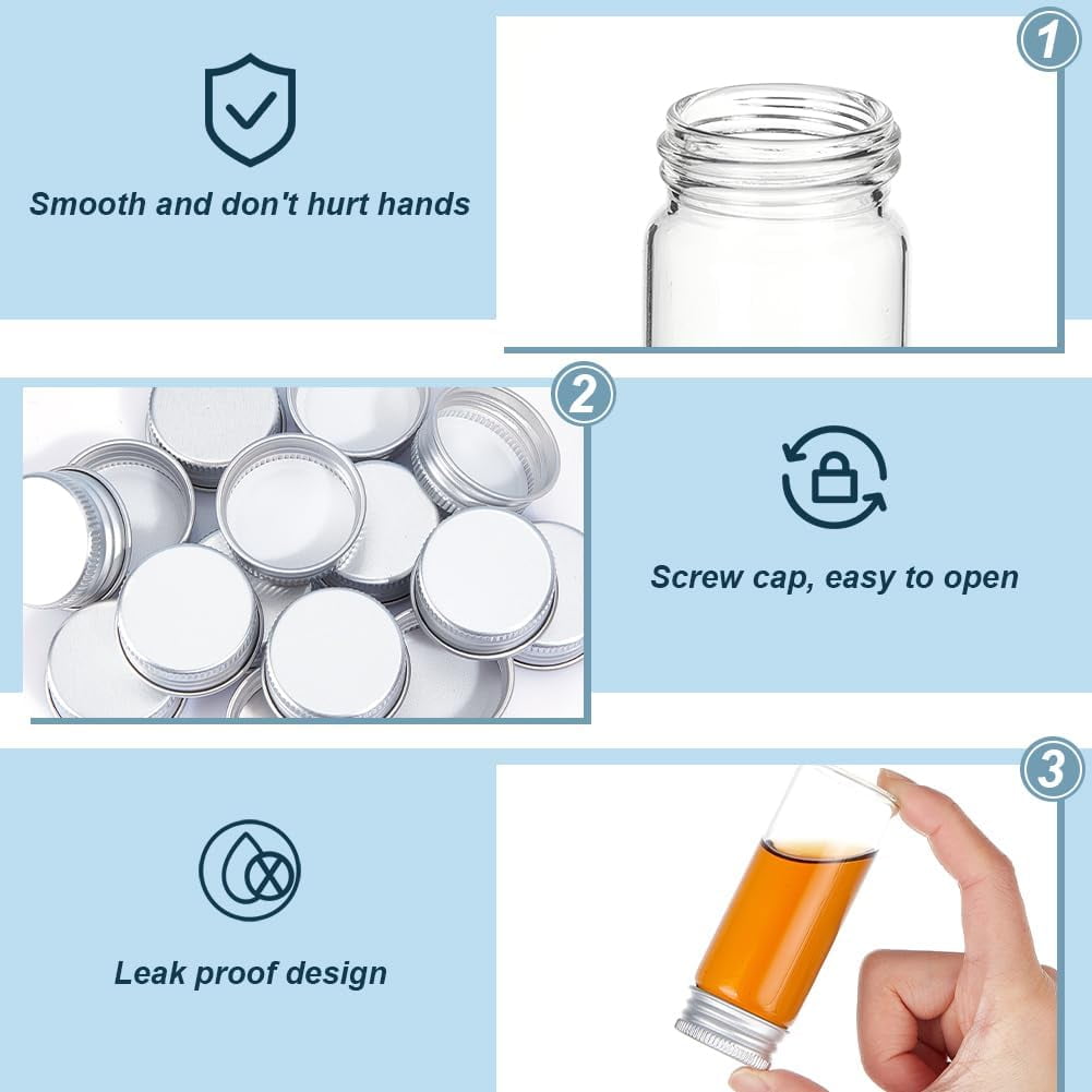 1Box 20Pcs Glass Bead Containers with Aluminum Cap Silver 8.1x3cm Capacity: 40ml(1.35fl. oz)