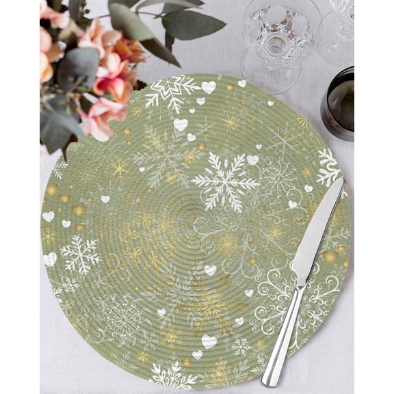 13 Inch Round Placemats Set of 4, Christmas Green Non Slip Heat Insulation PP Table Mats, Xmas Winter Snowflakes New Year Holiday Washable Place Mats for Kitchen Dining Party Table Decor
