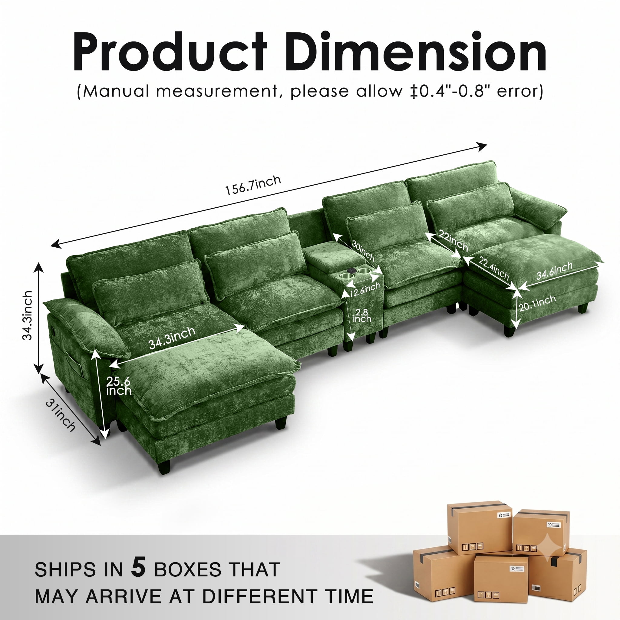 Avobird Cloud Couch Modular Sectional Sofa for Living Room, 156" U Shaped Convertible Couch Chenille Thick Cushion with Ottoman and USB Charging, Dual Cushions, Green