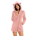 thumbnail image 6 of BRGZLK Women Fleece Onesie Pajama Winter Solid Color Long Sleeve Fleece Fuzzy Cute Bear Hooded Jumpsuit Shorts Warm Soft Cozy One Piece Sleepwear Pink XL, 6 of 9