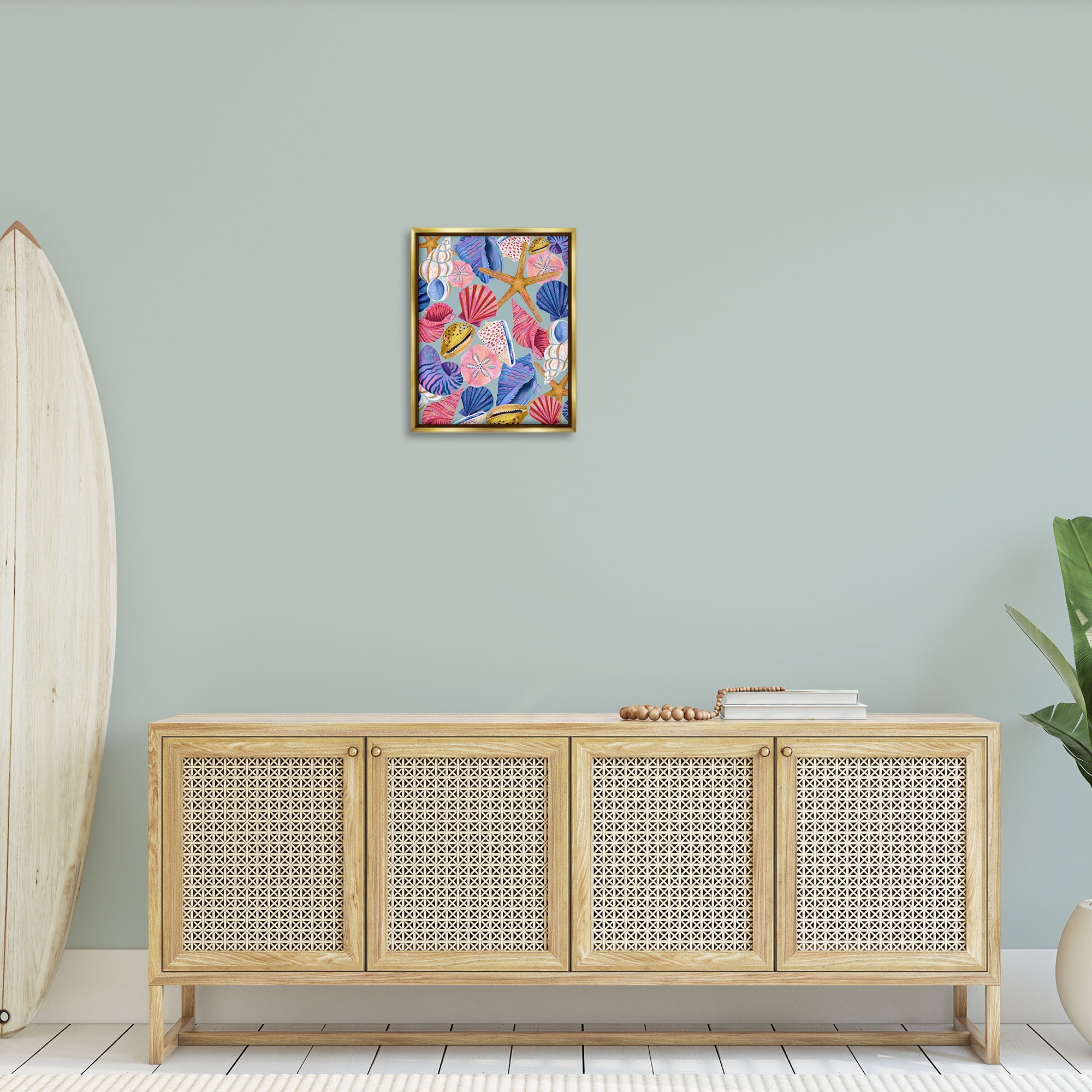 Stupell Industries Bright Seashells Assortment Nautical & Beach Painting Gold Floater Framed Canvas Art Print Wall Art, 17 x 21
