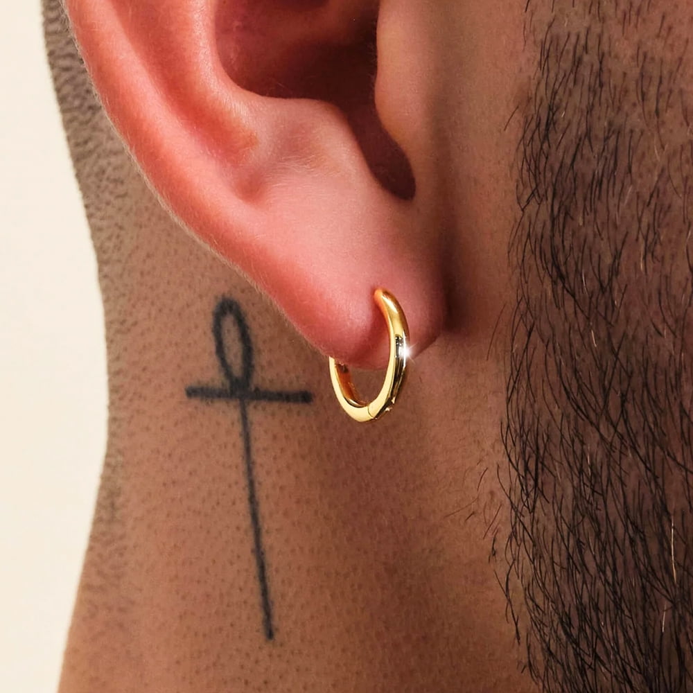 Classic Elegant Pure Solid 925 Sterling Silver Yellow Gold Plated Small 14mm Thin Hoops Earrings Unisex Trendy Cool Men Women Hypoallergenic Huggie Hoop Earrings